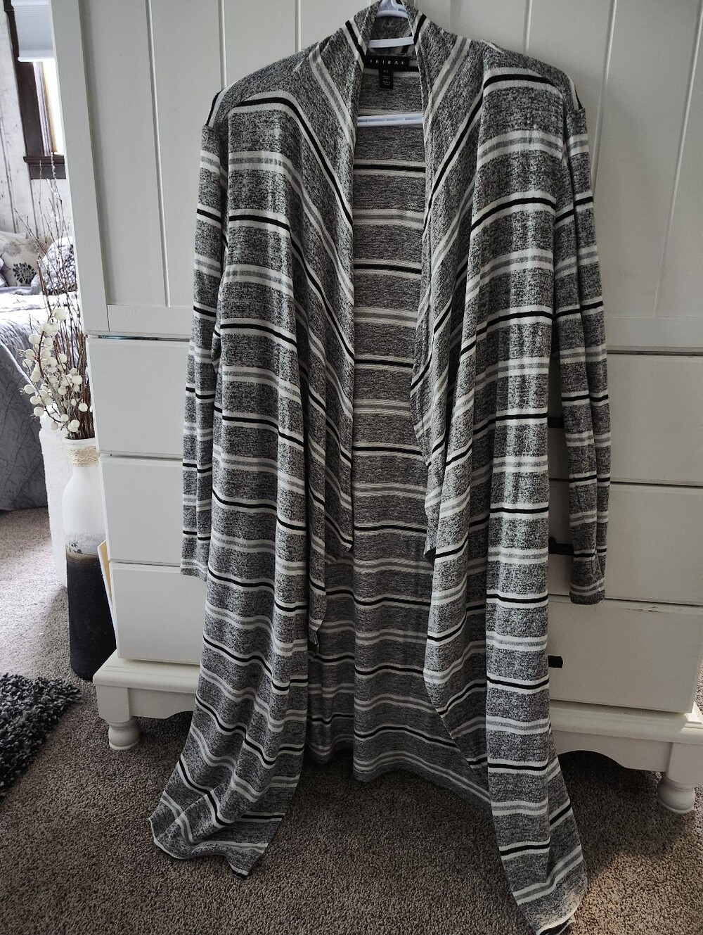 Tribal Light Cozy Open-Front Striped Cardigan Jacket - Gray/White